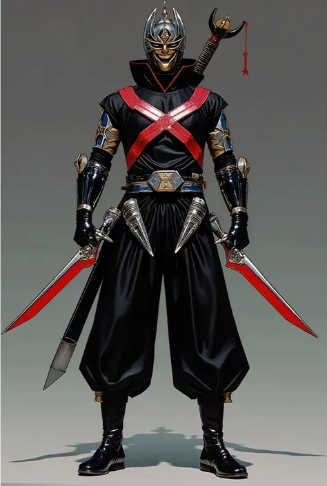 color: Black with red and silver details

Theme: Mercenary Samurai

Suit Design:

He wears modified hakama pants with knee reinforcements and tactical boots.

anime style doesn't wear a shirt, leaving his torso scarred in sight.

He wears two bullet belts ...