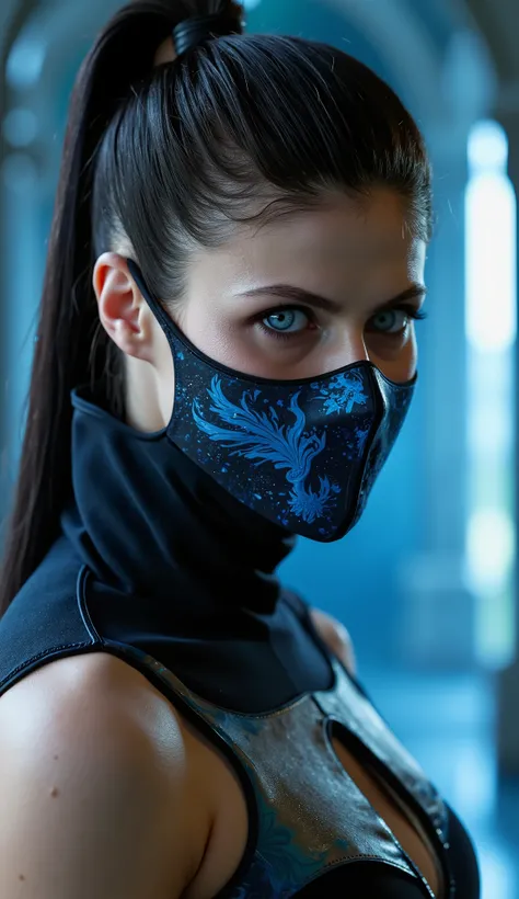 Here's a prompt detailed to generate a super realistic image of Alexandra Daddario as Kitana, with a shiny metal mask and details blue, focused on the upper body: "Hyper-realistic Close-up of Alexandra Daddario as Kitana, the warrior of * mortal kombat*. S...