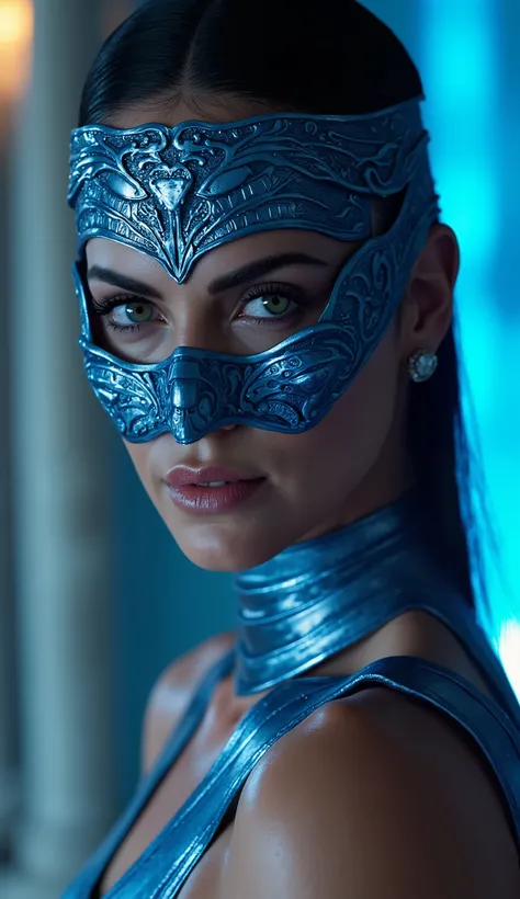 Here's a prompt detailed to generate a super realistic image of Alexandra Daddario as Kitana, with a shiny metal mask and details blue, focused on the upper body: "Hyper-realistic Close-up of Alexandra Daddario as Kitana, the warrior of * mortal kombat*. S...