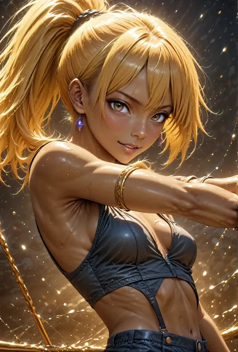 solo(Bike Girl)beauty ponytail blonde brown skin black skin Realistic RAW photos Malicious Expression smile Look at you melancholy mood earrings bracelet、 standing、textured skin 、small breasts in Mbini、Toned Arms、Fluid all over the body、Light ...