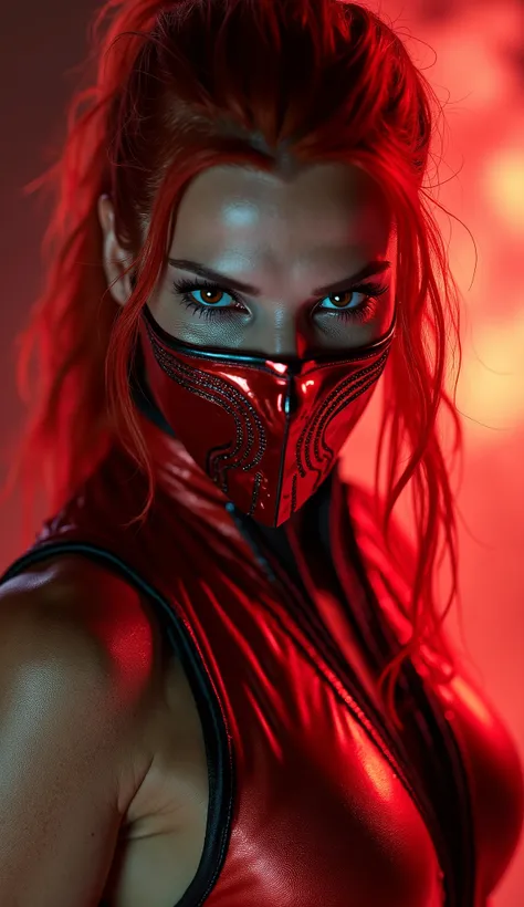 Here's a detailed prompt to generate a super realistic image of Scarlett Johansson as Scarlet, with her shiny red and metallic uniform, plus a shiny red and metallic mask: "Hyper-realistic Close-up of Scarlett Johansson as Scarlet, the enigmatic warrior of...