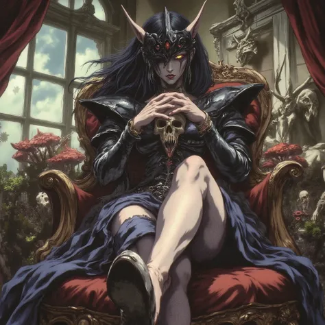 A low-angle perspective digital painting of a young woman Woman in profile with a bird mask of the plague doctor on her face wearing a baroque dress in her hands she holds the skull of a deer and mushrooms and flowers are coming out of it, baroque room and...