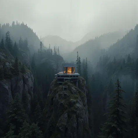 Post-Singularity Shelter–pure escapism, paradoxically built with vertigo induced proportions and mind bending perspectives), (Bizarre brutalism), A breathtaking minimalist Japanese avant garde mountain retreat and home pod, (dark minimalist + brutalist arc...