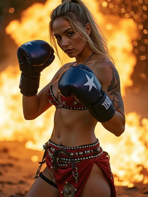 A 23-year-old female warrior with a perfect body, almost naked in the urban wild style for the cover of Heavy Metal magazine, blond hair, Minimum clothing, In boxing stance,(( Right arm extended,)) delivering a solid punch to the viewer, perfect body, per...