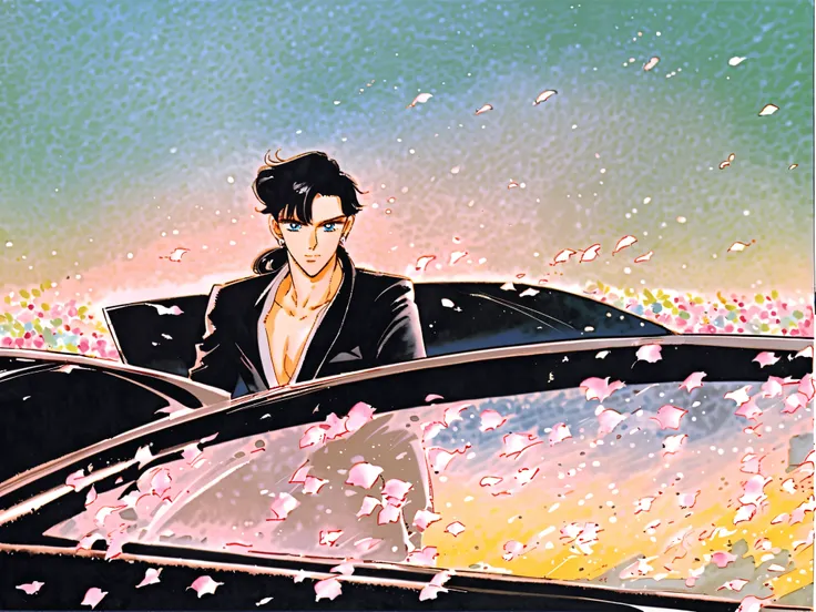 1boy,solo,long hair black, long low ponytail,blue eyes,crescent moon silver earrings, sexy theme,petals,traditional media, sexy handsome boy black suit , he is sexy, he is sitting in the black car, spring morning 
