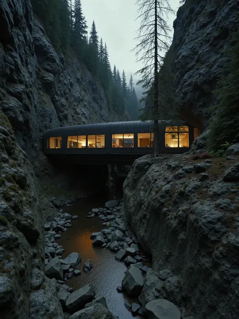 Spectacular mind bending underground post apocalyptic living, unorthodox and unusual living spaces++, a black corrugated steel brutalist 70s retro sci-fi futuristic research pod, intricately built with huge black support beams, tucked and wedged into betwe...