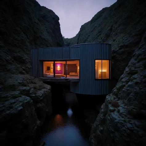 Spectacular mind bending underground post apocalyptic living, unorthodox and unusual living spaces++, a black corrugated steel brutalist 70s retro sci-fi futuristic research pod, intricately built with huge black support beams, tucked and wedged into betwe...