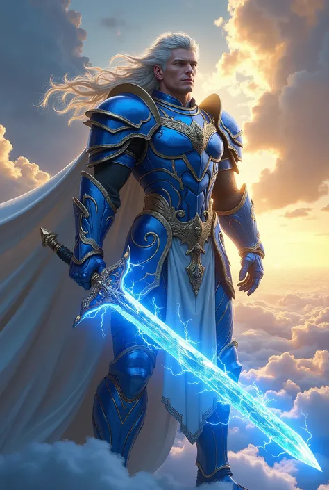 The image depicts an imposing warrior, dressed in highly detailed metallic blue armor, adorned with gold and silver elements. His presence is majestic and powerful, highlighted by the way he stands above the clouds, with a dramatic celestial backdrop of cl...
