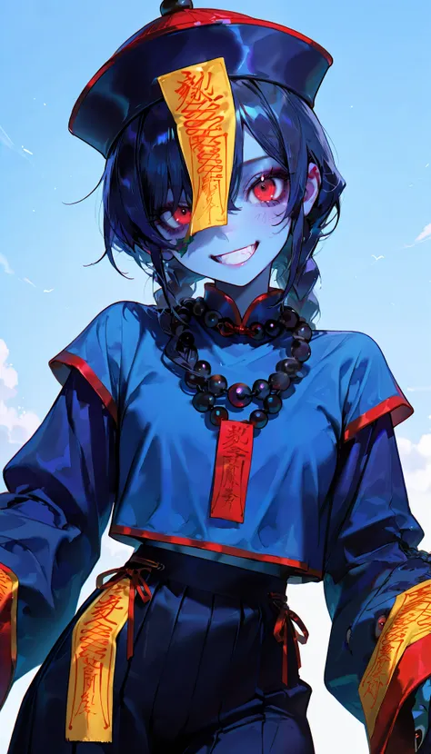 ( masterpiece, ultra high definition , Top Quality , clear focus , shadow, Ultra High Resolution, 8k, Perfect Anatomy) , perfect face, ( detailed face ), ( detailed eyes ), beautiful woman, adult woman, natural lights, ((jiangshi girl)), (jiangshi talisman...