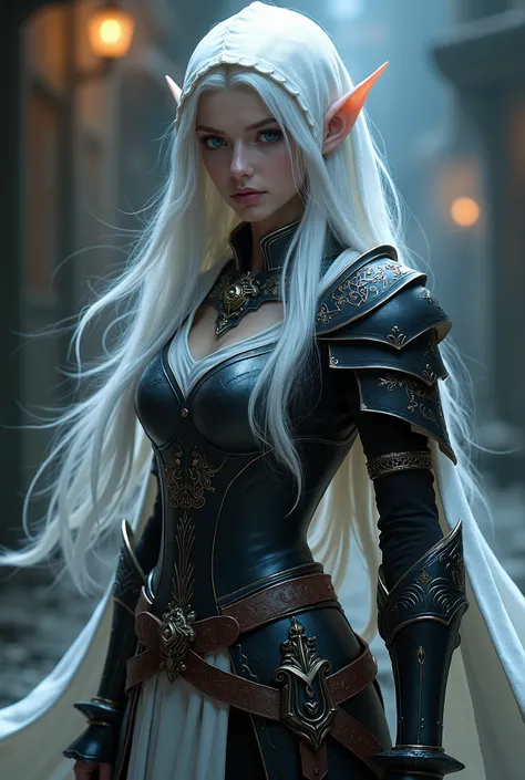 The character is an elf with pointed ears and long, white hair that falls gracefully around her shoulders. She has fair skin and piercing blue eyes, giving her an intense and focused expression. The character is dressed in a medieval-style outfit, consist...