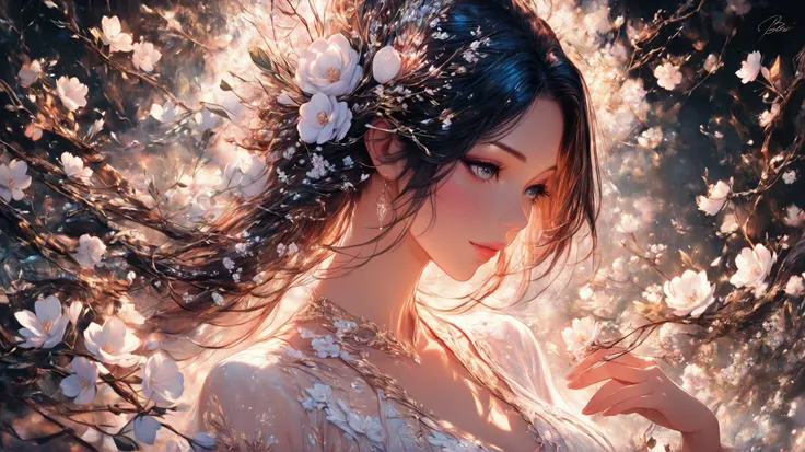 painting of a woman in a white dress and a tree, beautiful stunning digital art , karol bak uhd, Bela arte UHD 4K, beautiful digital artwork, beautiful digital art, stunning digital art , very beautiful digital art, exquisite digital illustration, a bea...