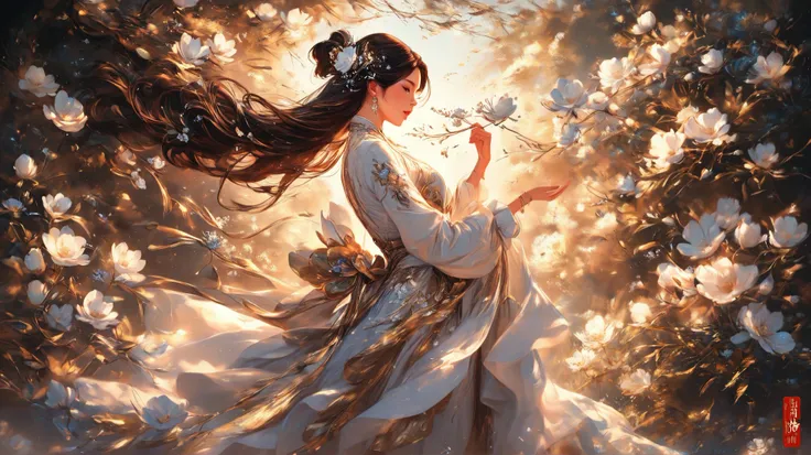 painting of a woman in a white dress and a tree, beautiful stunning digital art , karol bak uhd, Bela arte UHD 4K, beautiful digital artwork, beautiful digital art, stunning digital art , very beautiful digital art, exquisite digital illustration, a bea...