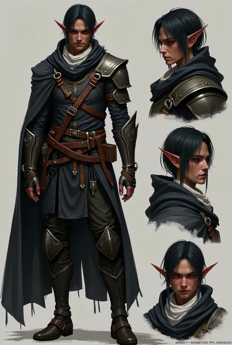 The character in the image is a gloomy and intimidating-looking warrior, with an aesthetic strongly inspired by medieval and dark fantasy fantasy. He has brown skin, bright red eyes and pointed ears, suggesting that he may be a black elf (drow) or a simila...