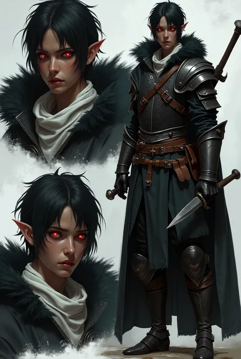 The character in the image is a gloomy and intimidating-looking warrior, with an aesthetic strongly inspired by medieval and dark fantasy fantasy. He has brown skin, bright red eyes and pointed ears, suggesting that he may be a black elf (drow) or a simila...