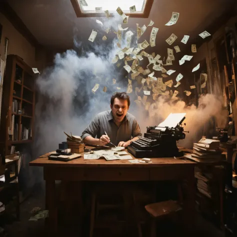 A dimly lit home office with a rustic wooden desk, evoking the nostalgic aesthetic of 90s/2000s writer studios. At the center, an old-fashioned typewriter, resembling a vintage mechanical typing machine, is producing a surreal yet realistic effect: instead...