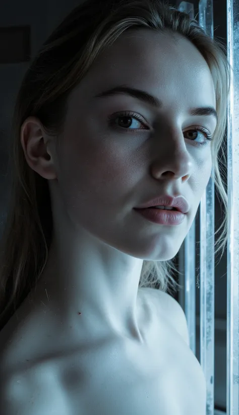 Create a professional image with the utmost precision. A subtle play of light and shadow adds depth to the scene, while subtle 3D effects capture this close-up portrait of a woman, inspired by a charismatic English model, artfully created from an ice photo...