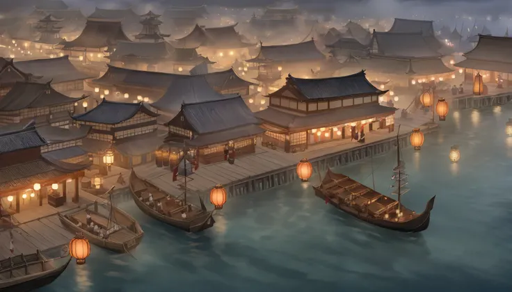 dense edo-period city, islets and canals, foggy sea, shore, boardwalk, side-to-side bridges, coast, fantasy, Japanese, close up, antique, closeup, night, medieval, night, festival, lanterns, ships, dockyard, party, boat party, celebration
