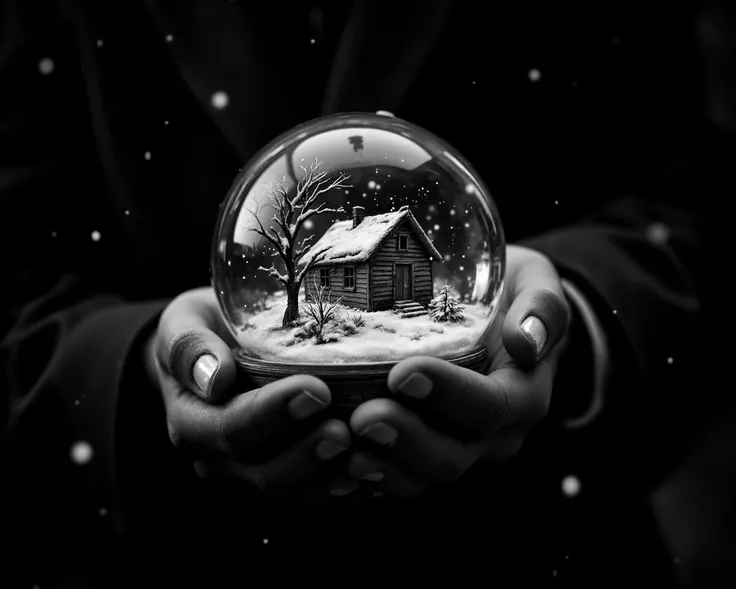 A cinematic, black-and-white image recreating the iconic snow globe scene from Citizen Kane. A man's single hand holds the globe gently, fingers curled around the glass, which reflects soft, moody highlights.

Inside the globe is a simple, snow-covered cab...
