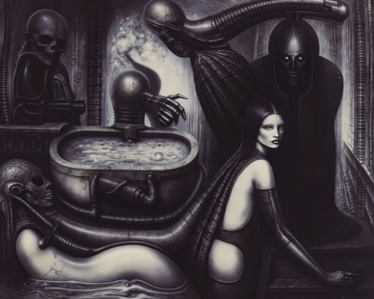Please reproduce the original image as accurately as possible, capturing the intricate details of the biomechanical structures, the dramatic lighting, and the overall sense of unease. gigerart(best quality:1.4)... A piece of art by HR Giger.
Create a hig...