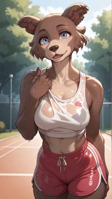 Park, close to the viewer, looks at the viewer, opened her mouth, Anthropomorphic wolf, brown fur, sports top, shorts, climbs wet