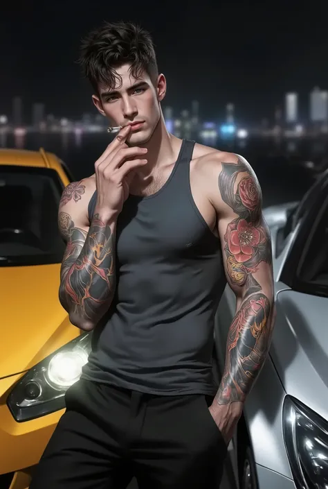 An attractive young man with disheveled dark hair , rebellious-looking , leaning on a yellow sports car and another silver car. He wears a tight gray tank top that highlights his physique and a fully tattooed arm with detailed and colorful designs. Hold a ...