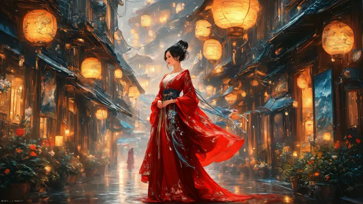 painting of a woman in a red dress in a rainning day, beautiful stunning digital art , karol bak uhd, Bela arte UHD 4K, beautiful digital artwork, beautiful digital art, stunning digital art , very beautiful digital art, exquisite digital illustration, ...