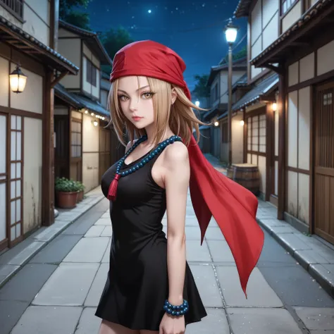 score_9, Anna_Kyouyama, brown eyes, voluptuous body, big breasts, bandana, beads, black dress, dress, prayer beads, alley of an old Japanese town, night, alone, realistic, high quality, detailed