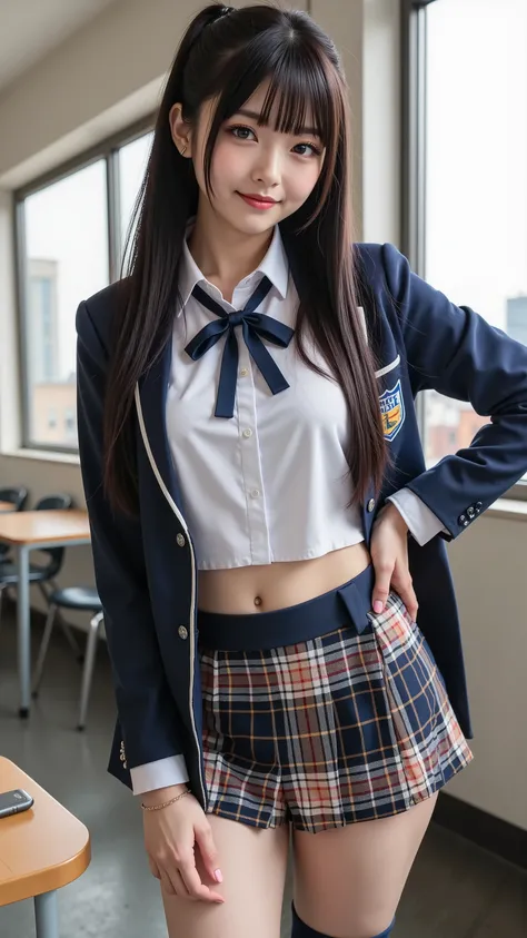 masterpiece, best quality , illustrations, very well detailed, details, high resolution, 8k,wallpaper, cameras,(An elaborate, high-quality, realistic eye depiction :1.3), high school classroom 、high school uniform、 blazers 、 Ultra Short Plaid Uni...