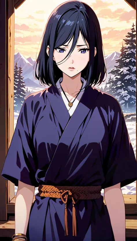 vintage movie, girl, short hair, navy hair, straight hair, woman body, solo
, hyuga clan, shinobi village, konohagakure, (((perfect lips))), perfect hair, looking down, shy, melancholic, ((young)), ((19 years old)), ((izumi nase)), score_9 , score_8_up , s...