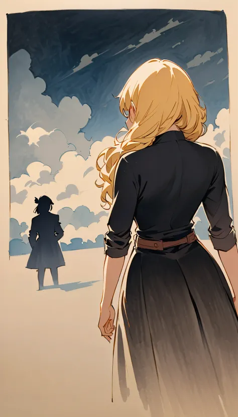 vintage movie, woman, mature, wavy blonde hair, woman body, black top, black bodycon skirt, black boots, dark room, Silhouette of clouds, traditional media, Contemplative.  yang xiao long from rwby, dutche angle, ((from behind)), ((winter))