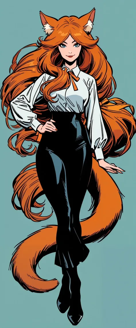 c0m1c_v2,   1girl , long hair , animal ears , solo , hand on own hip , very long hair , tail , shirt , white shirt , standing , full body , long sleeves , orange hair , black pants , looking at viewer , pants , high-waist pants , animal ear fluff , black f...