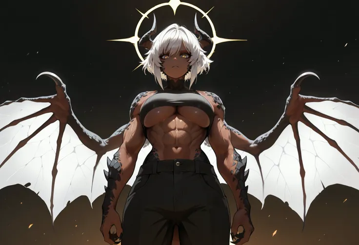muscular creature, dark horns, yellow eyes, dark scales, short spiky white hair, short hair, black skinsuit, pants, open abs, underboob, humanoid arms with sharp claws and scales, scales on arms and legs, calm pose, athletic, dark skin tone, 4 scalie wings...