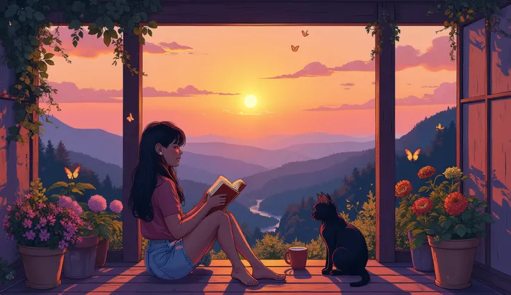 At sunset in a house with a balcony on top of a mountain, a girl sitting on the floor on the balcony reading a book, with long, straight dark hair with bangs, girl with rosy skin on her cheeks, cheerful and lively personality, positive and enthusiastic att...