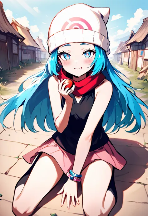 masterpiece, top quality, 1 girl, solo,  eyelashes, (beautiful eyes),      zz dawn , blue hair, blue eyes, side lock, long hair, bare shoulder, Beanie, black shirt, black socks, bracelet, villages with,  jewelry by T, knee-high, miniskirt, pink skirt, red ...