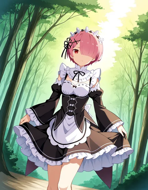 score_9, score_8_up, score_7_up, source_anime,
rezeroRam, Ram, hair flower, hair ornament, hair over one eye, pink hair, Red Eyes, short hair, x hair ornament,
apron, black bow, black  dress, black ribbon, bow, Detached Sleeves,  dress, frilled apron, ruff...