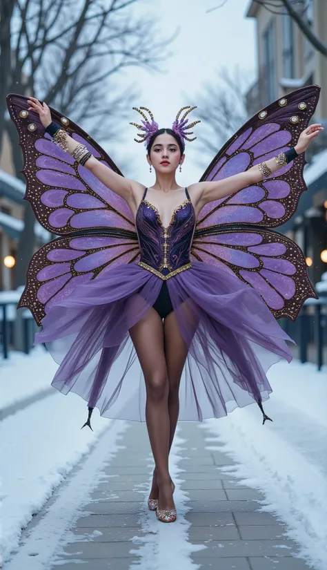 A dancer strikes a powerful pose on a snowy street, embodying grace and transformation. Her costume unfurls like butterfly wings—vibrant swirls of purple, violet, and gold shimmer with iridescent detail. The delicate fabric extends from her arms in lace-li...