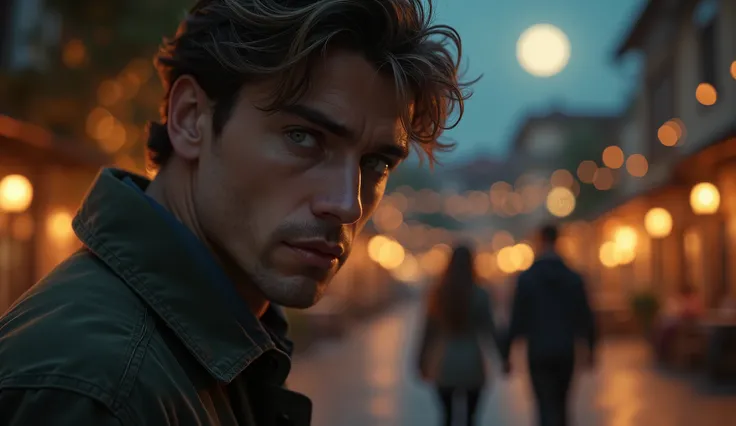 It creates a hyper-realistic image of a 20-something year old man with piercing, green eyes, his face filled with deep pain and longing for having lost his love, as he jealously watches his ex-wife holding hands with another man, walking hand in hand throu...