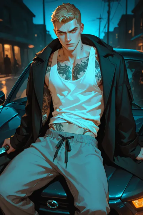 Solo man, fair skin, green eyes, blond hair, masculine cut, wearing gray sweatpants, a white tank top, a black coat tied around his hips, sitting on the hood of a car, Holding a knife. Dark climate, night. Serious expression, some tattoos on the body