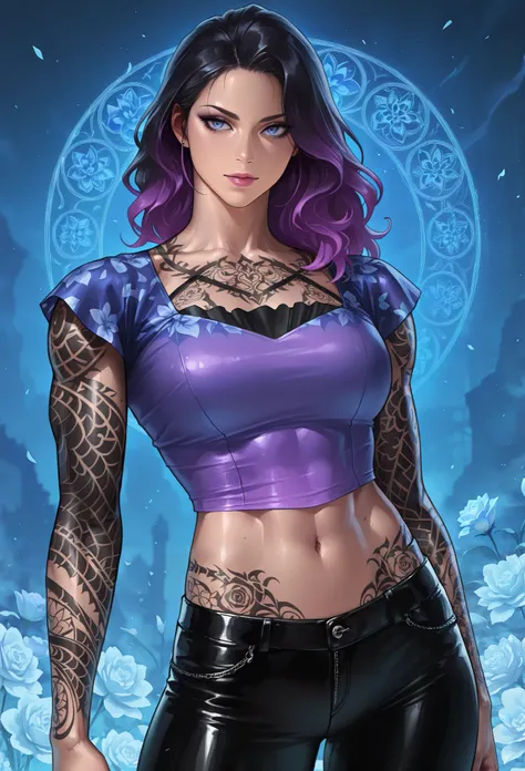 masterpiece, best quality, amazing quality, newest, very aesthetic, 1girl,Tier Halibel \(bleatch\),Tier Halibel from bleatch portrayed wearing a violet short shirt and black leather pants, adorned with vibrant, intricate tattoos of floral patterns. This s...