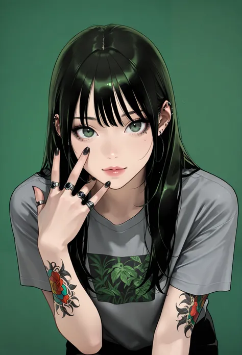 masterpiece, best quality, amazing quality, newest, very aesthetic, 1girl,Image is a portrait-style photograph featuring a person with long, straight black hair against a solid olive green background. The individual has a light to medium skin tone and is d...