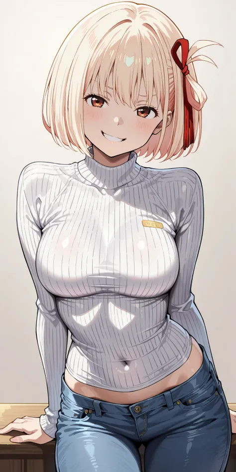 high resolution picture, masterpiece, best quality, amaging quality、 realistic、
BREAK,Nishikigi Chisato，blond bob hair，red ribbon、skin-tight  sweater、medium  breast、 jeans mini hot pants、thighs、shoulder body、slim body、solo、seductive grin smug