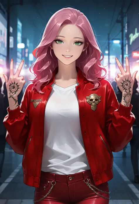 masterpiece, best quality, amazing quality, newest, very aesthetic, 1girl,A vividly colorful woman with pink and green hair, green eyes, a red jacket, white shirt, red jeans, and a shiny chain, appears in a state of sleepy contentment as she flashes a smil...