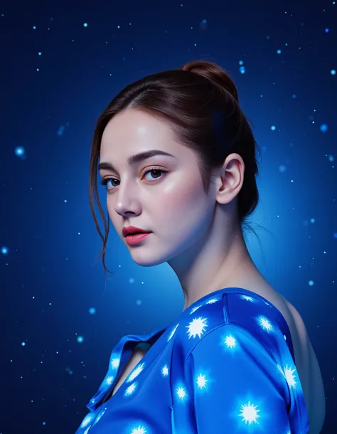 (8K, RAW Photos, Highest quality、masterpiece:1.2), (Realistic、Realistic:1.37), Very detailed, High resolution, Conceptual art, digital, a glowing neon-colored circle, The head of a woman wearing a blue draped blouse with her tied bun hair up with ornate is...