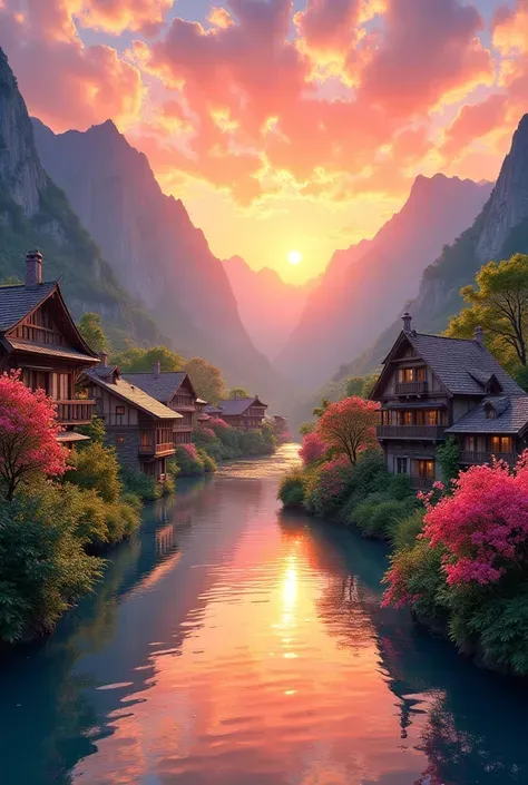 , a small riverside village，The background is mountains，Flowers bloom，vibrant with colors，Detailed scenery，Beautiful natural landscape，Ambiance Lighting，Scorching sunset，a warm color palette，utility，utility摄影，Delicate leaves，Complex architecture ， cobblest...