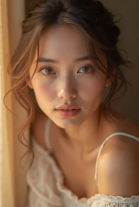 High-definition realistic beauty, Big  eyes, Bright, fair skin, Delicate and full lips, Feminine and elegant posture, Stunning professional photography, Soft, warm lighting shines, Create a dreamy and charming atmosphere, Delicate texture, Warm and romanti...