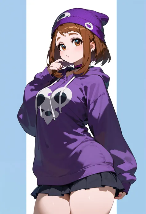 Ochako uraraka ,beanie , goth aspect, wearing goth Clothing ,((wearing Purple hoodie)) , wearing skirt, wide hips,