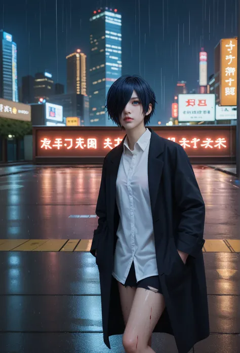 "A dark, rainy cityscape at night, with neon lights reflecting off the wet streets. In the center stands Touka Kirishima from Tokyo Ghoul, with a melancholic and contemplative expression, dark blue hair covering the left eye , dark blue eye,. She wears a l...