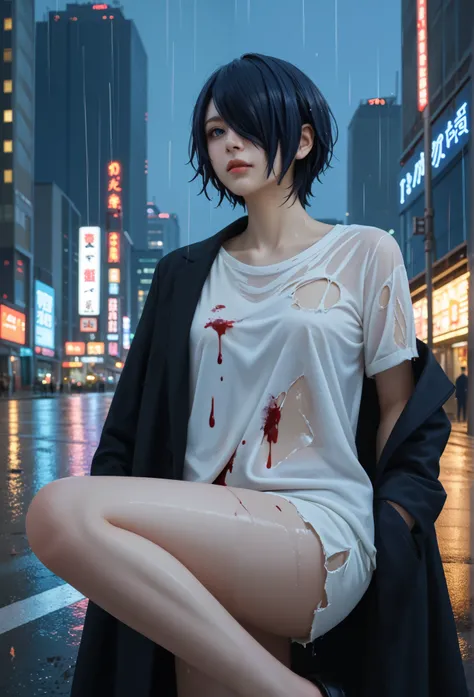 "A dark, rainy cityscape at night, with neon lights reflecting off the wet streets. In the center stands Touka Kirishima from Tokyo Ghoul, with a melancholic and contemplative expression, dark blue hair covering the left eye , dark blue eye,. She wears a l...