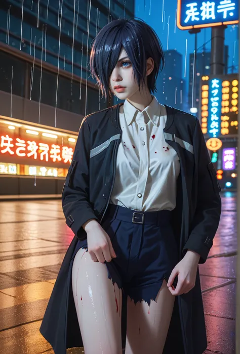 "A dark, rainy cityscape at night, with neon lights reflecting off the wet streets. In the center stands Touka Kirishima from Tokyo Ghoul, with a melancholic and contemplative expression, dark blue hair covering the left eye , dark blue eye,. She wears a l...