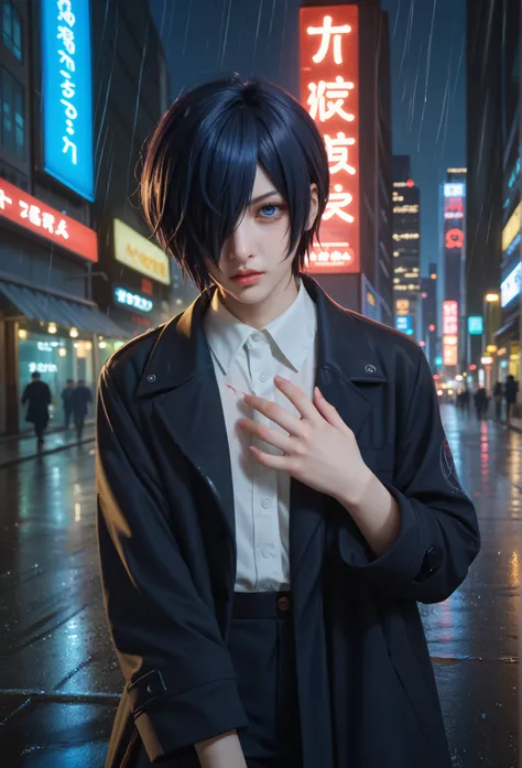 "A dark, rainy cityscape at night, with neon lights reflecting off the wet streets. In the center stands Touka Kirishima from Tokyo Ghoul, with a melancholic and contemplative expression, dark blue hair covering the left eye , dark blue eye,. She wears a l...